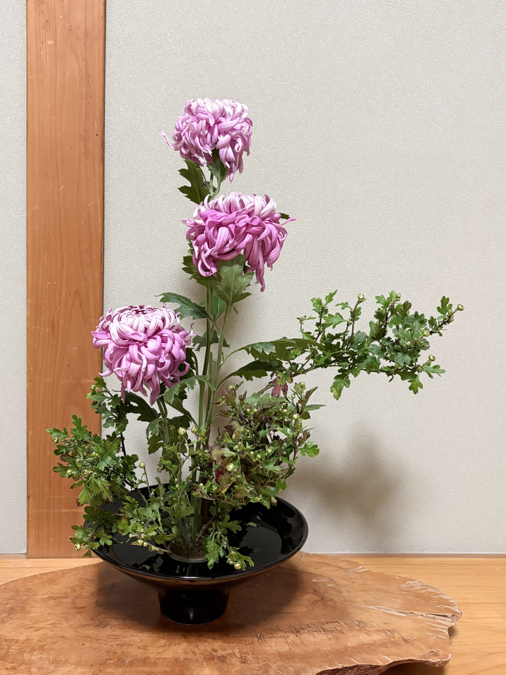 An ikebana arrangement with chrysanthemums